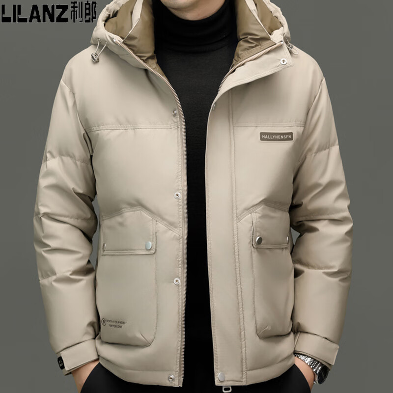 利郎服男2025中年时尚休闲连帽加厚保暖白鸭绒外套冬 米白 4XL 195 建议185-200斤