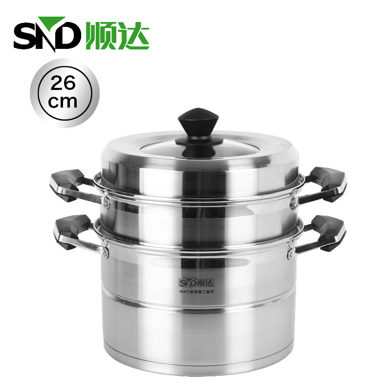 順達蒸鍋家用304不銹鋼饅頭蒸籠鍋韓式復底直身蒸煮鍋二層多用鍋 26cm 內徑[送取夾湯勺屜布] 鍋口內徑