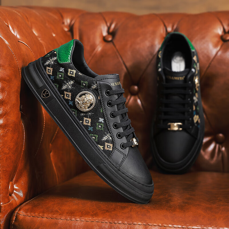 杜莎米娅夏季男鞋潮流新款透气小白鞋重工刺绣手工男士休闲鞋低帮防滑板鞋 黑色 44