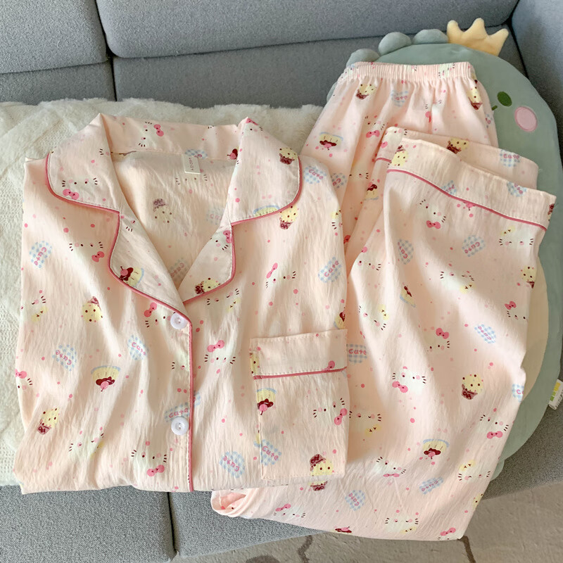 维多利亚的格调可爱小狗睡衣女春秋款云朵棉纱2025年新款开衫夏季家居服套装 云朵棉-J1810#彩色波点蓝边 M 【建议75-100斤】