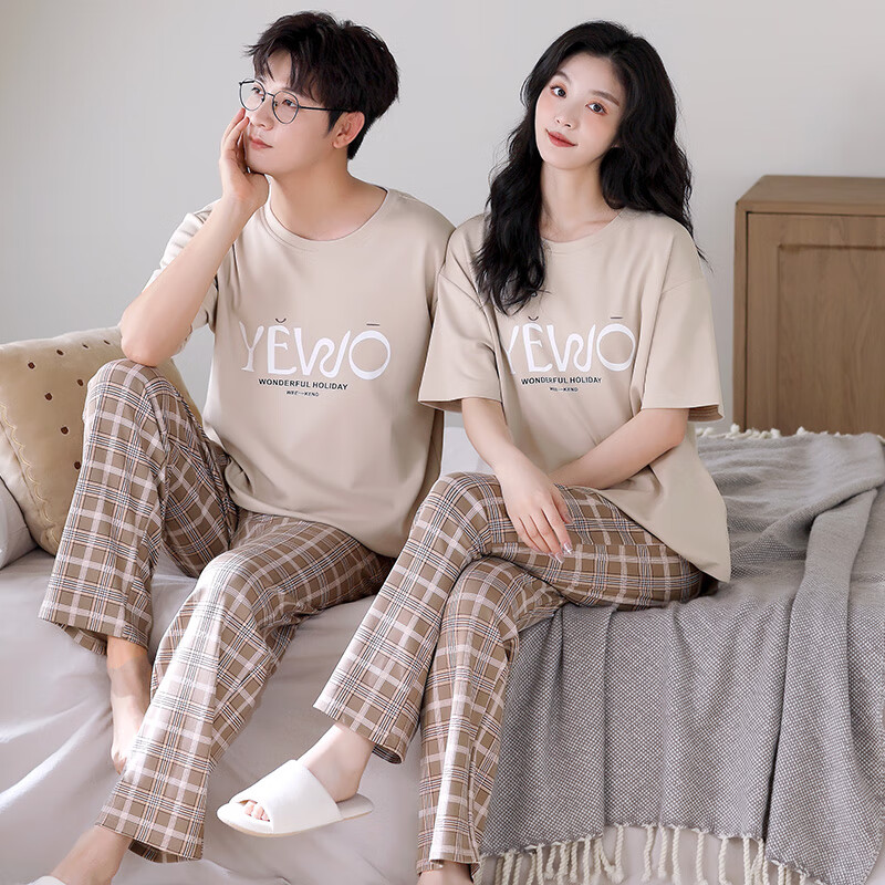 莫代尔情侣睡衣男女夏季100%纯棉短袖长裤25新款大码可外穿家居服2套装 QM65018情侣 均码 女L+男2XL