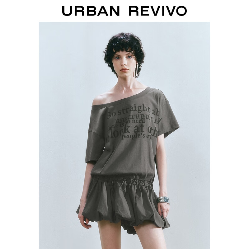 UR【HOT】2025夏季新款女装休闲字母花苞连衣裙UYL750075 深灰 (偏短) M