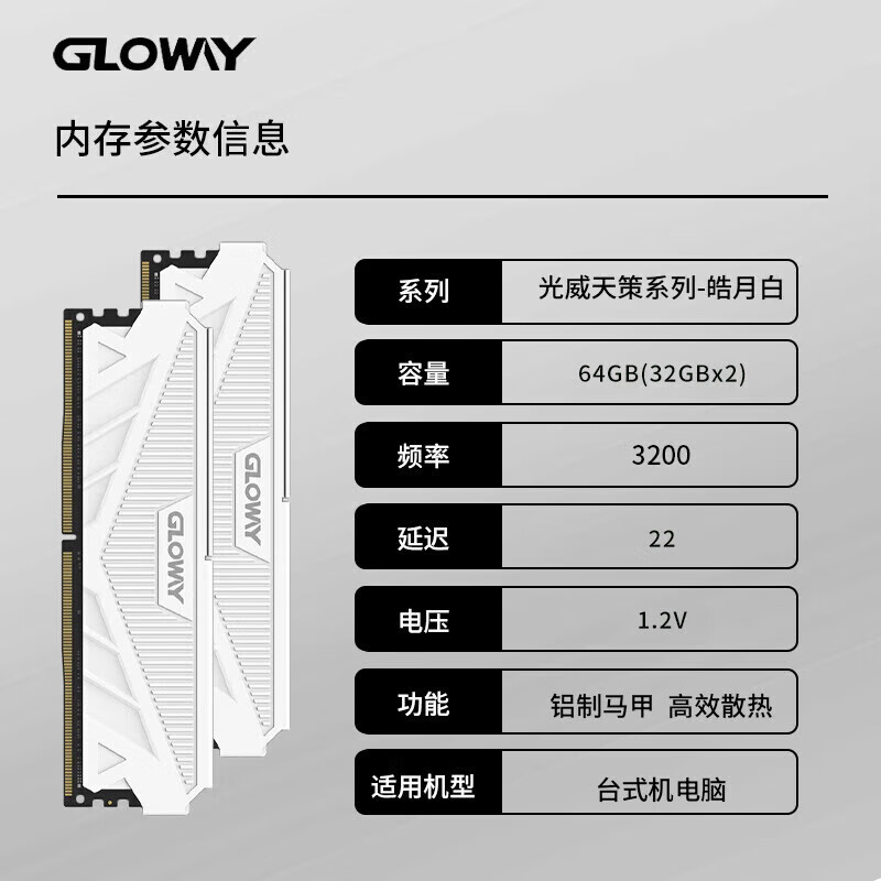 光威（Gloway）天策 64g 32g 16g (8gx2) ddr4 3200 3600 4000 臺(tái)式機(jī)內(nèi)存條 天策-皓月白丨C22丨64G(32Gx2)_320 1GB 1條 3200MHz
