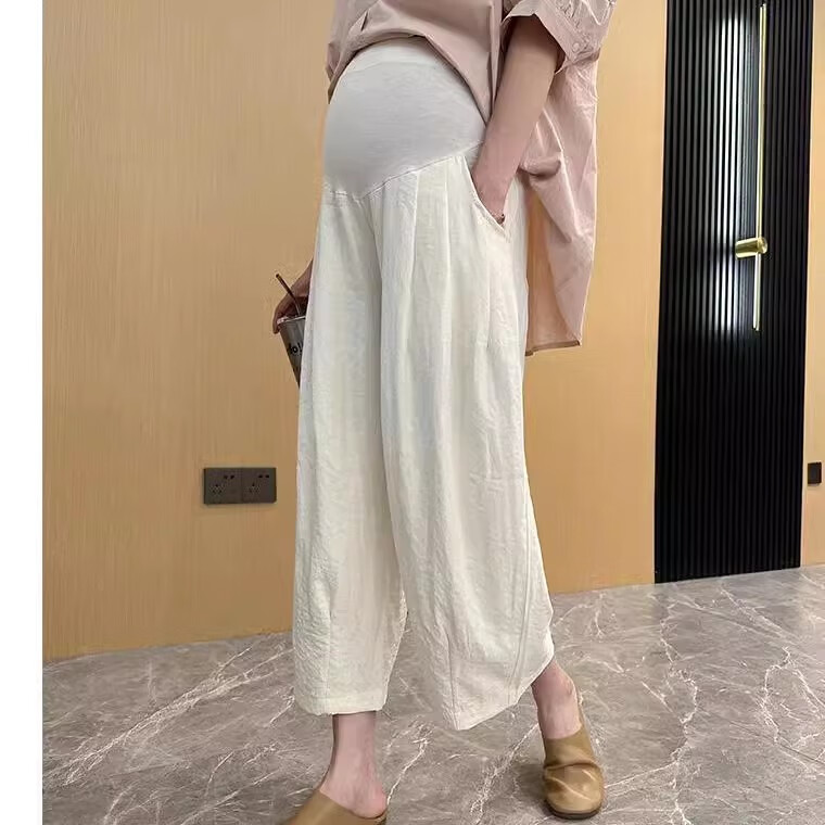喜雅萌孕婦春夏薄款外穿托腹九分闊腿褲孕婦褲夏季薄款外穿2025新款大碼 米白色 M體重建議[85-115斤]