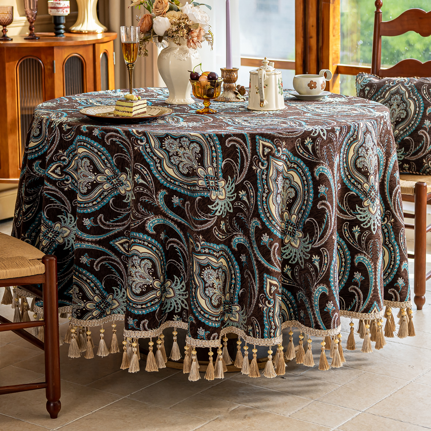 美妠斯欧式圆桌餐桌桌布2025新款轻奢高级感美式绿色客厅圆形茶几布家用 圣索菲亚-棕(吊穗款) 280cm直径适合直径200-220cm圆桌