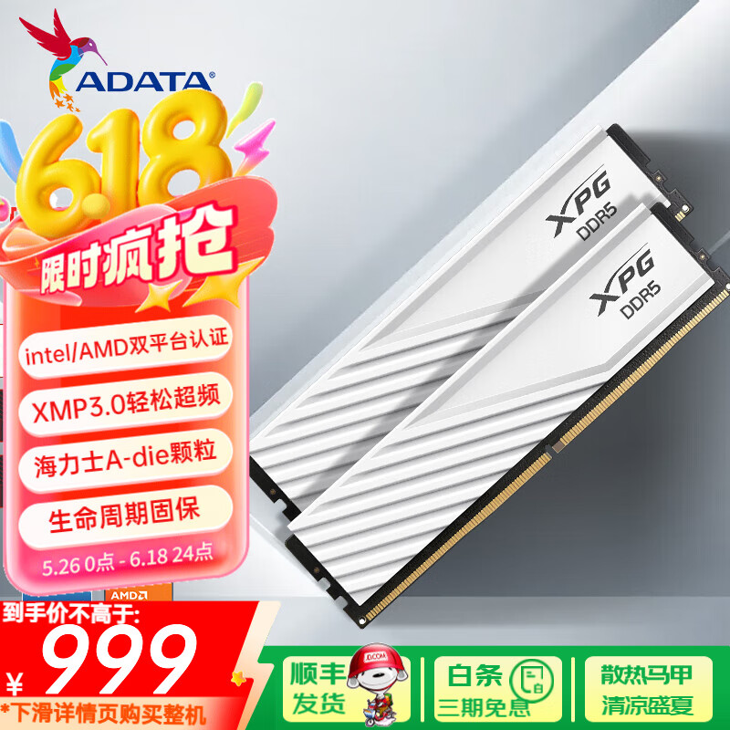 威刚(ADATA) XPG威龙D300 DDR5内存条台式机马甲条内存游戏超频支持EXPO/海力士A代颗粒适配9800X3D 【C28】16G*2 6000白 A-die