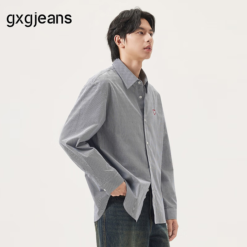 gxg.jeans男装 藏青条纹绣花宽松长袖衬衫 25年秋新品 藏青条纹# L (175)