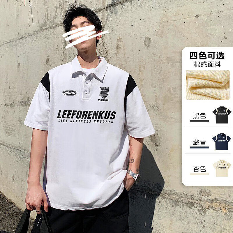 Homlean美式短袖polo衫休闲翻领t恤简约插肩少年感复古上衣Q42白色XL