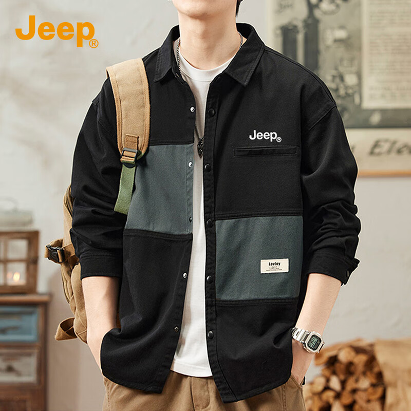 吉普（JEEP）纯棉美式长袖衬衫男士2025秋季新款复古衬衣痞帅宽松外套上衣服