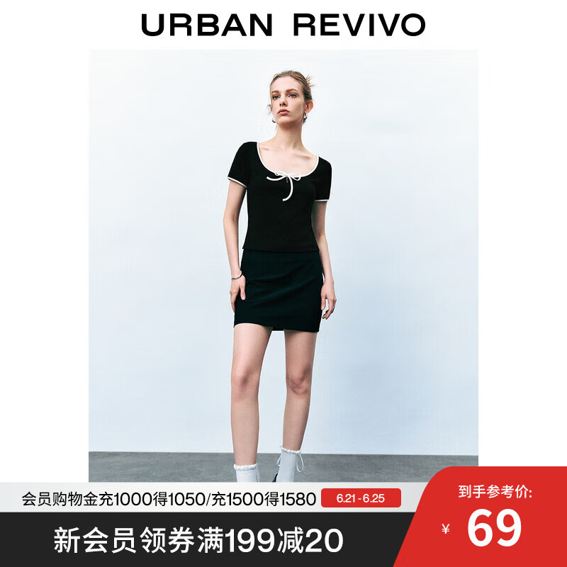 UR2025夏季新款女装时尚撞色蝴蝶结系带修身短袖T恤UYY450123 正黑 S
