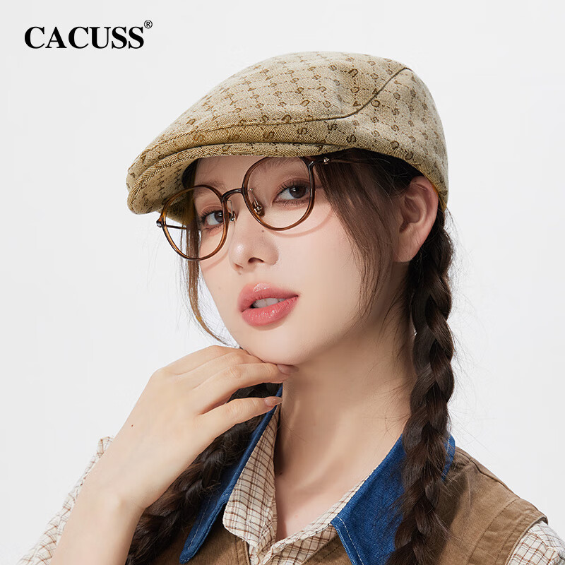 CACUSS男女情侶前進(jìn)帽春夏帽子復古老花報童帽貝雷帽顯臉小鴨舌帽 提花棕帽 M 可調節(56-58c)