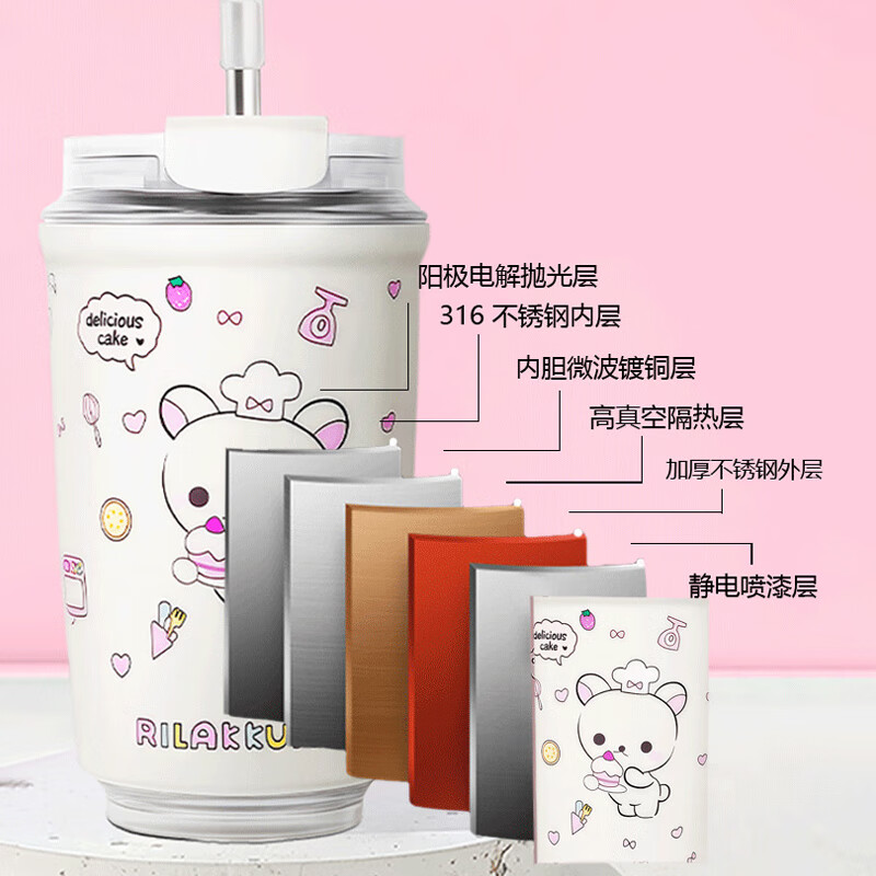 HR·YOYO新款卡通熊妹保温杯女高颜值不锈钢吸管咖啡杯便携迷你可爱口袋杯 330ML遇见系列-蝴蝶