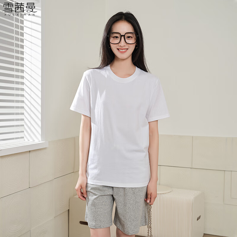 雪茜曼女装纯棉短袖t恤女春夏季经典款宽松上衣半袖休闲T恤 黑色 M （推荐90-110斤）