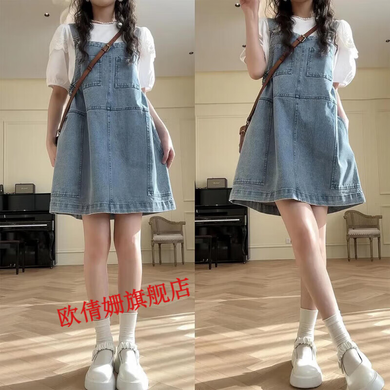 欧倩姗牛仔连衣裙女2025新款夏少女小个子减龄腰侧松紧可调节背带裙女夏 蓝色 S 80-100