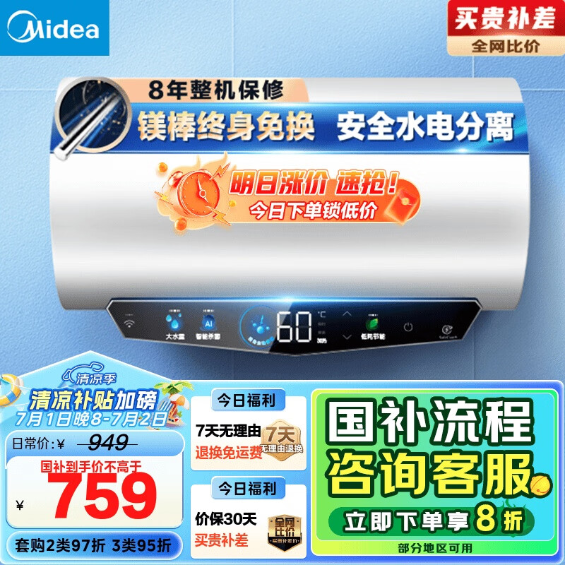 美的（Midea）国家补贴20%终身免换镁棒60升电热水器480L一级能效3300W自动杀菌安全水电分离F6033-JE5(HE)
