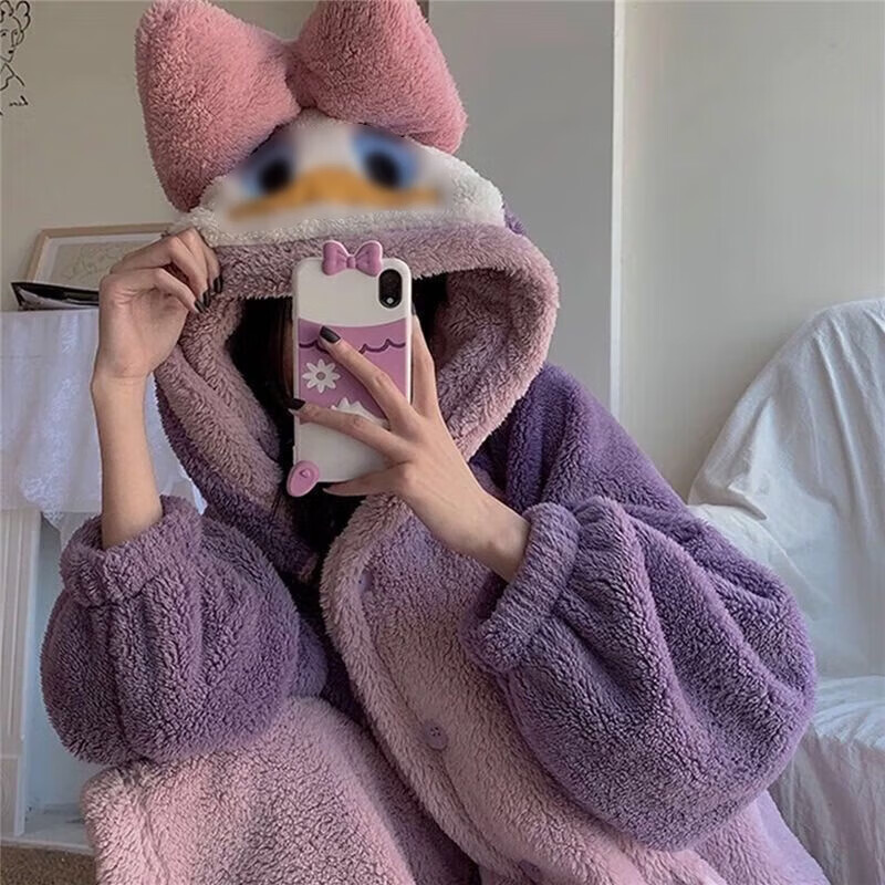诗莉奥(SHILIAO)加厚睡袍卡通长款可外穿家居服睡衣女冬季睡袍加厚冬天可爱浴袍 蓝鸭睡袍 均码 (建议80-160斤)