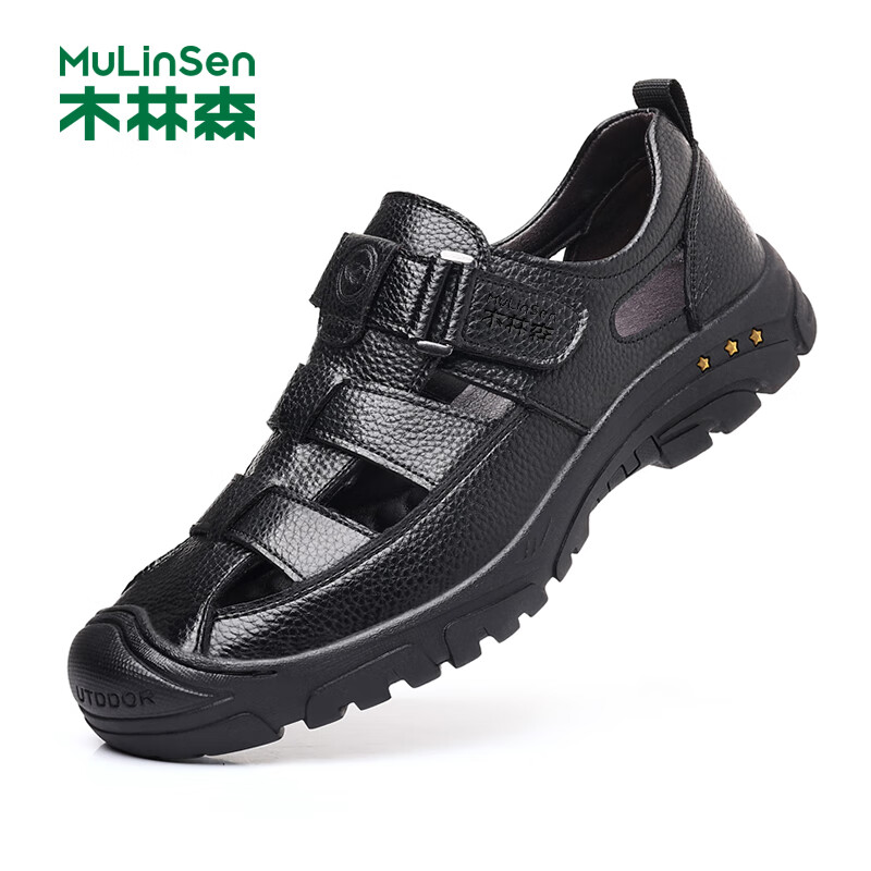 木林森(MULINSEN)凉鞋牛皮包头透气凉皮鞋软底休闲男士洞洞鞋 R9016
