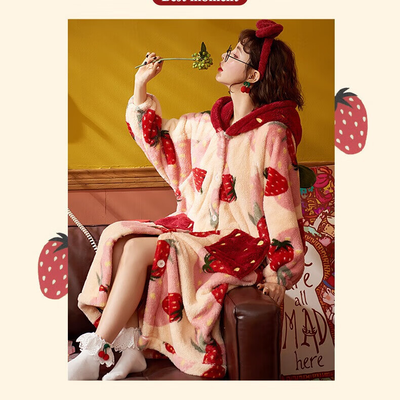 宝娜斯珊瑚绒睡衣女冬季加厚加绒卡通少女草莓小鸭睡袍长款睡裙 大眼睡袍 均码 (适合80-160斤)