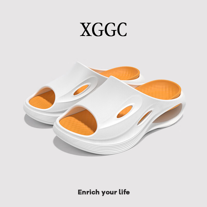 XGGC踩屎感运动拖鞋男士夏季户外穿休闲潮流厚底防滑凉拖鞋 白橙42-43
