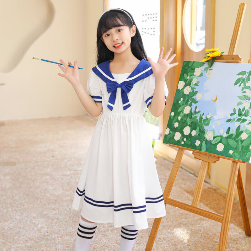 ��СӰ HELLO YINGŮͯ����ȹ��װ2025�¿��д��ͯ����ʱ��ѧԺ�繫��ȹ������ȹ�� ��ɫ ѧԺ�纣���� 120 cm