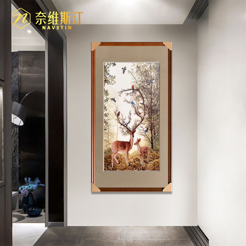 奈維斯汀  NAVSTIN純手工刺繡鹿蘇繡成品掛畫玄關走廊盡頭高檔裝飾畫喬遷送客戶禮物 畫芯50*100cm 帶框70*135cm