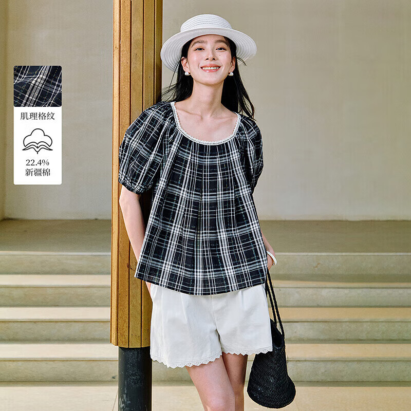 茵曼復(fù)古甜美格紋襯衫2025夏季女裝新款寬松泡泡袖襯衣 藍(lán)白格  L