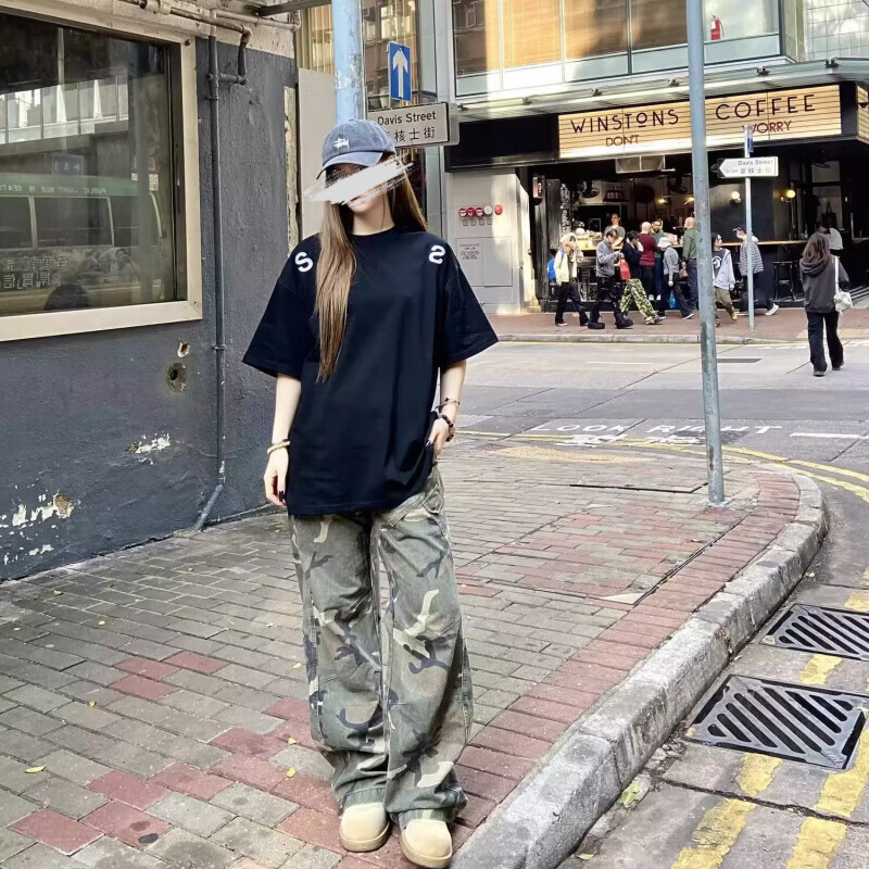 POUM美式街头刺绣短袖男夏季潮牌字母圆领t恤情侣运动五分半袖上衣 JXFS-W21藏青色 2XL