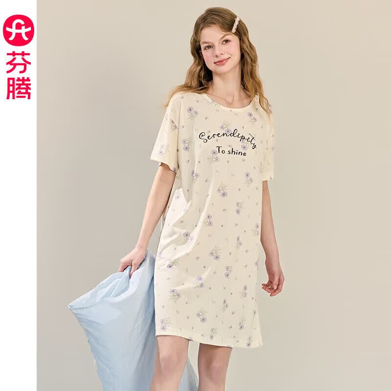 芬腾睡裙女士夏季薄款短袖睡衣中裙女款宽松休闲卡通可爱家居服 FX26921093米杏 XL 建议:125-145斤