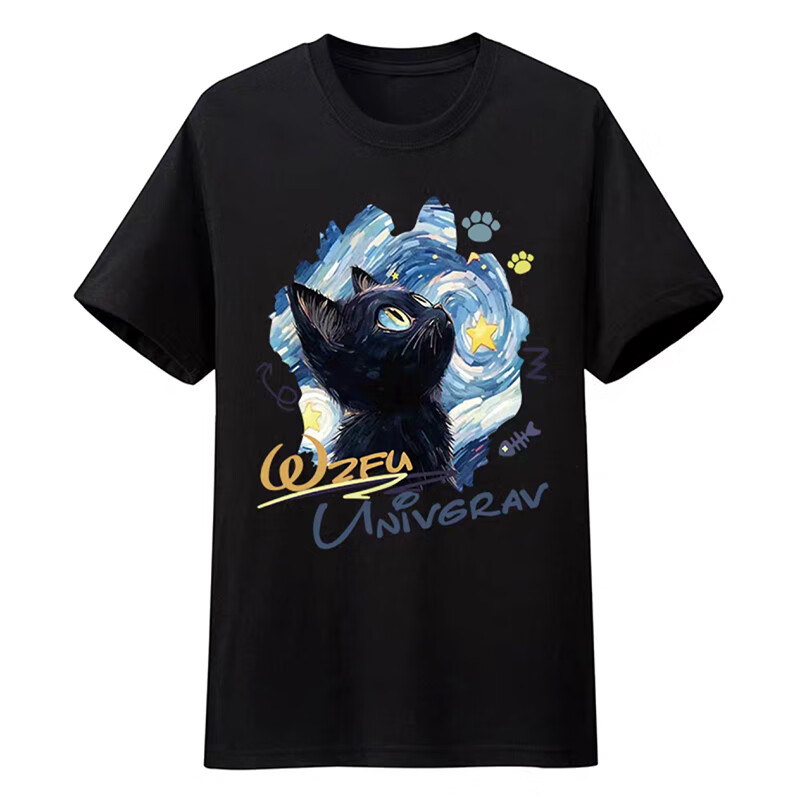 漫衫恶搞梵高星空猫冰蓝色短袖t恤男夏季纯棉宽松青少年大码体恤 A 黑 均码 130 童装