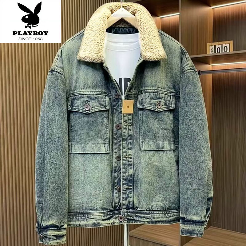 花花公子(PLAYBOY)冬季美式復古加絨加厚保暖牛仔夾克男韓版帥氣外套潮流羊羔絨棉衣 復古藍色 羊羔絨牛仔外套 加絨 2XL