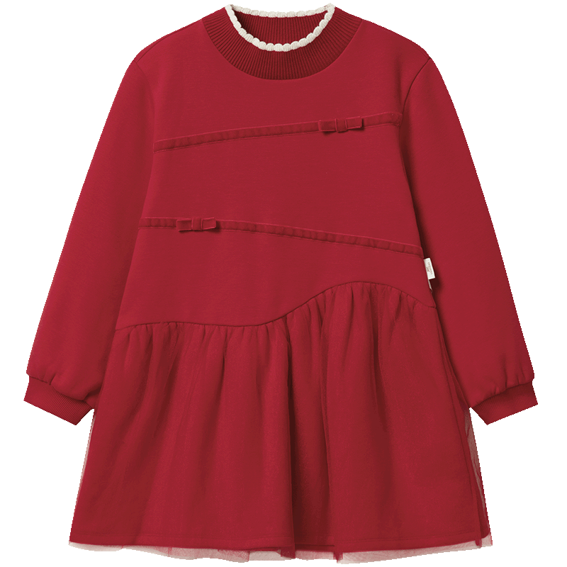 英氏（YEEHOO）女童裙子加绒秋冬保暖女童连衣裙长袖裙子喜庆拜年服 新年红 130 cm（建议身高120-130cm）