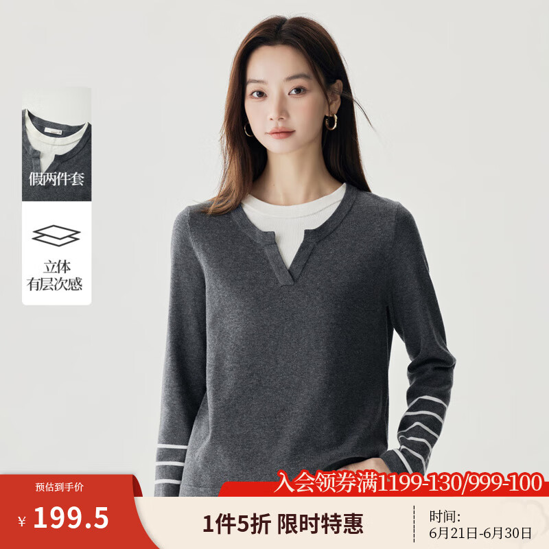 茵曼（INMAN）撞色條紋拼接假兩件毛衣女春秋款時尚復(fù)古顯瘦百搭針織衫 優(yōu)雅灰 L
