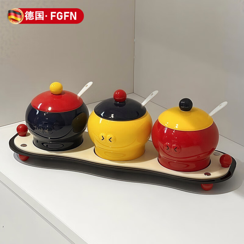 FGFN德国【厨房各种神器】多巴胺调料罐家用高端调料盒陶瓷盐罐带勺不 三件套组合装【高颜值不发霉】