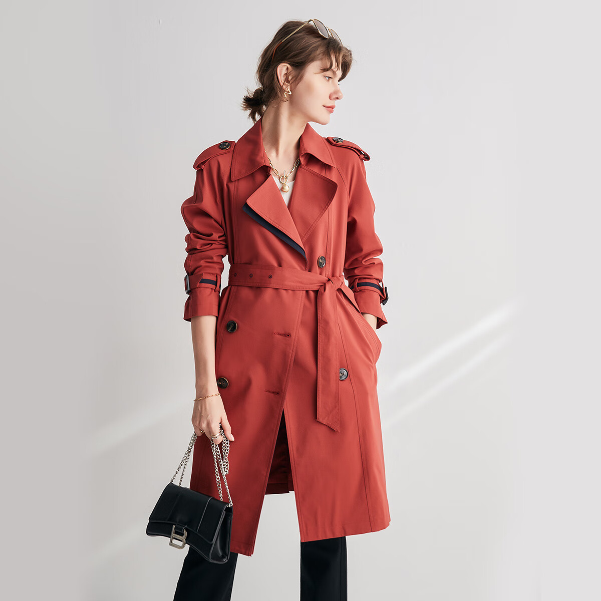 帕罗风衣女秋季新款简约双排扣撞色拼接休闲百搭外套肩章长外衣 枫叶红 常规 XL 170/92A