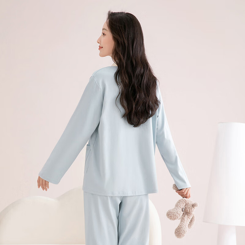 芬腾睡衣女100%纯棉2025秋季新款撞色V领小熊外穿柔软长袖家居服套装 浅蓝 L