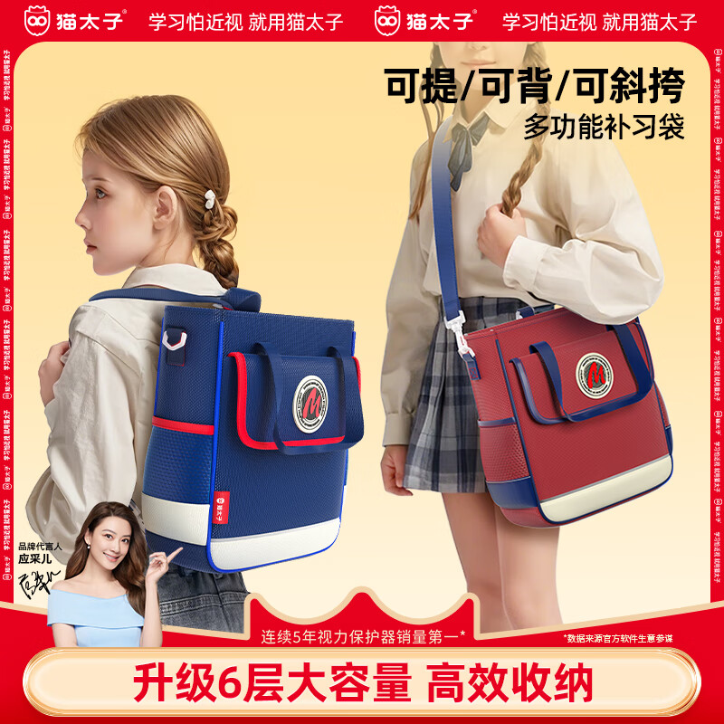 猫太子补课手提袋补习袋美术收纳袋小学生专用工具袋手提大容量儿童双肩书包学习袋手拎帆布袋开学季礼物