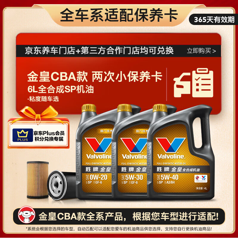 胜牌（VALVOLINE）金皇CBA 全合成机油小保养两次卡 6L机油+机滤+工时 12个月有效期