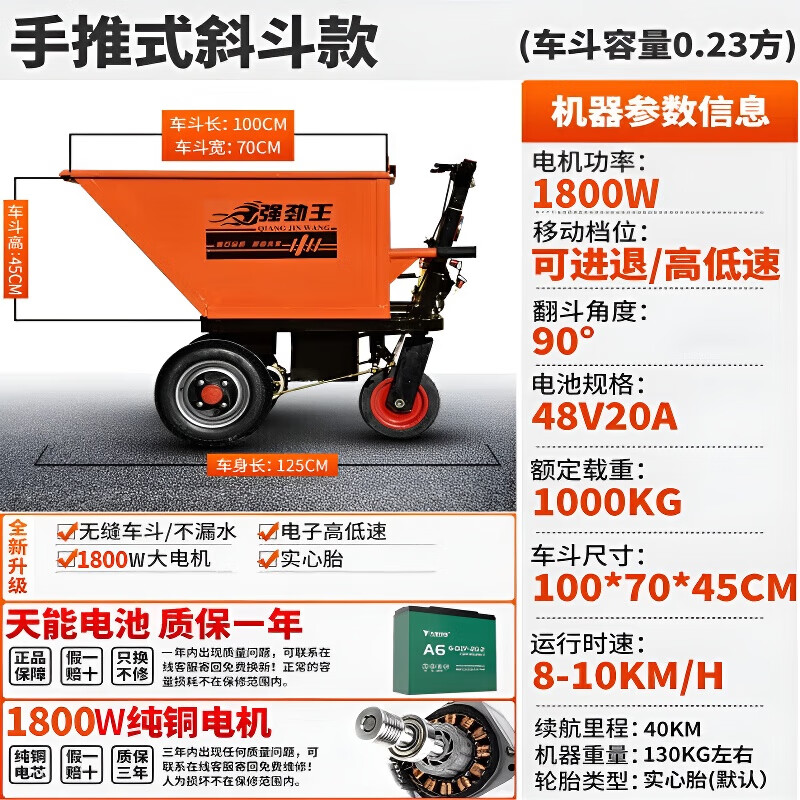 胜鑫惠饲料车建筑工地三轮车电动手推车拉砂浆灰拉沙进料灰斗车自卸农用 电动斜斗70宽