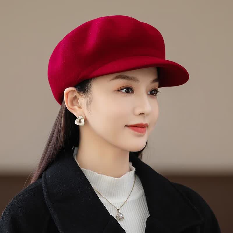 喜圣多帽子女秋冬季高档八角帽女时尚网红帽子冬天呢子贝雷帽 酒红