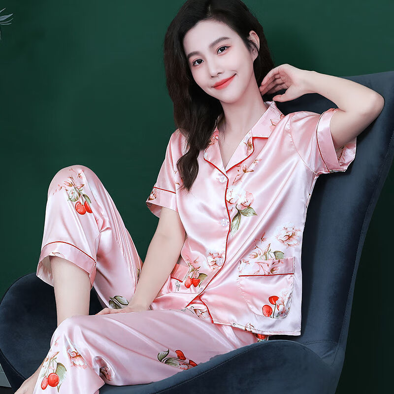 莫代尔冰丝睡衣女春夏季度假风薄款大码长裤短袖夏天冰丝女士夏款家居服 7SC-短长群青梨落 XL (120-135)斤