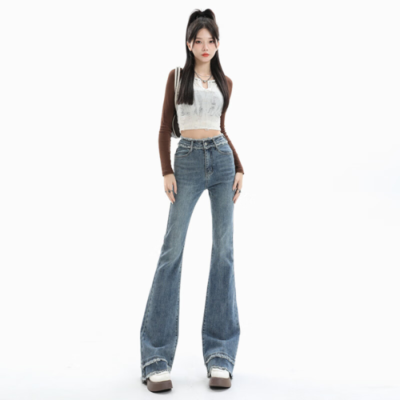 ELOF復(fù)古微喇叭牛仔褲女2023年早春新款高腰顯瘦流蘇設(shè)計感辣妹喇叭褲 淺藍(lán)色九分褲 XS