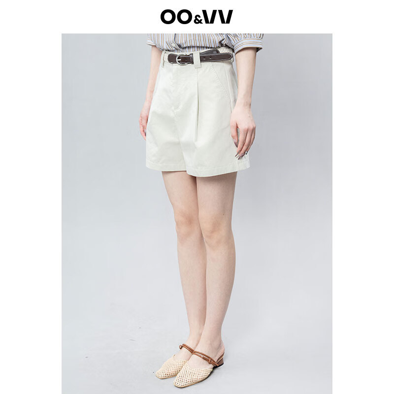 OO&VV纯棉休闲短裤女2025夏新款阔腿宽松配腰带薄款显高显瘦女裤 杏仁米 S