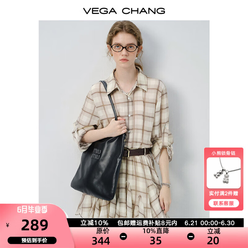 VEGA CHANG衬衫连衣裙女2025新款夏度假风小个子复古翻领格纹短裙 卡其色格纹 L
