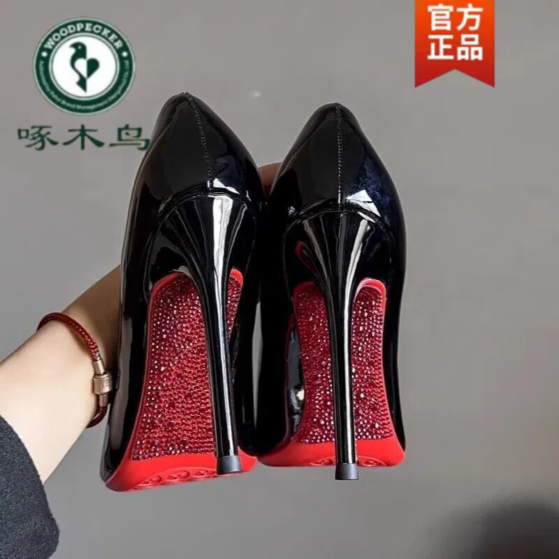 啄木鸟水钻红底高跟鞋女细跟2026新款绝美性感气质黑色漆皮尖头法式单鞋 黑色单鞋红底水钻 7cm 37 脚宽脚胖拍大一码