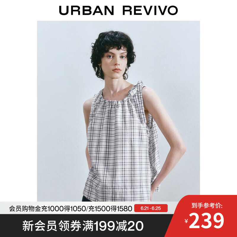 UR2025夏季新款女装简约格纹无袖系带宽松罩衫衬衫UYU250077 深蓝色格子 S