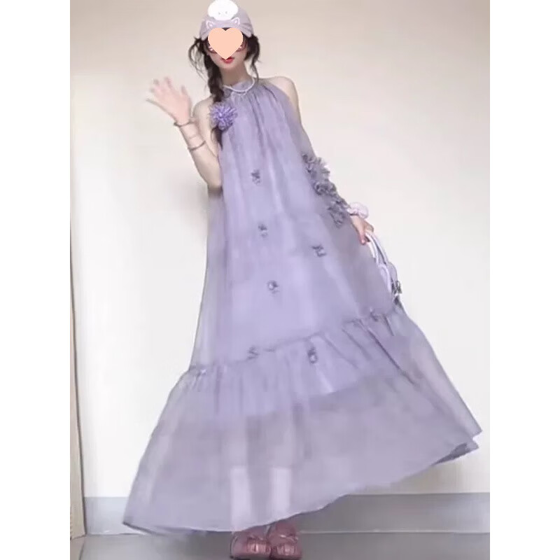 自由姑娘小镇姗姗 花蕊美人手工花朵挂脖连衣裙女夏季海边度假风紫色长裙 紫色 S