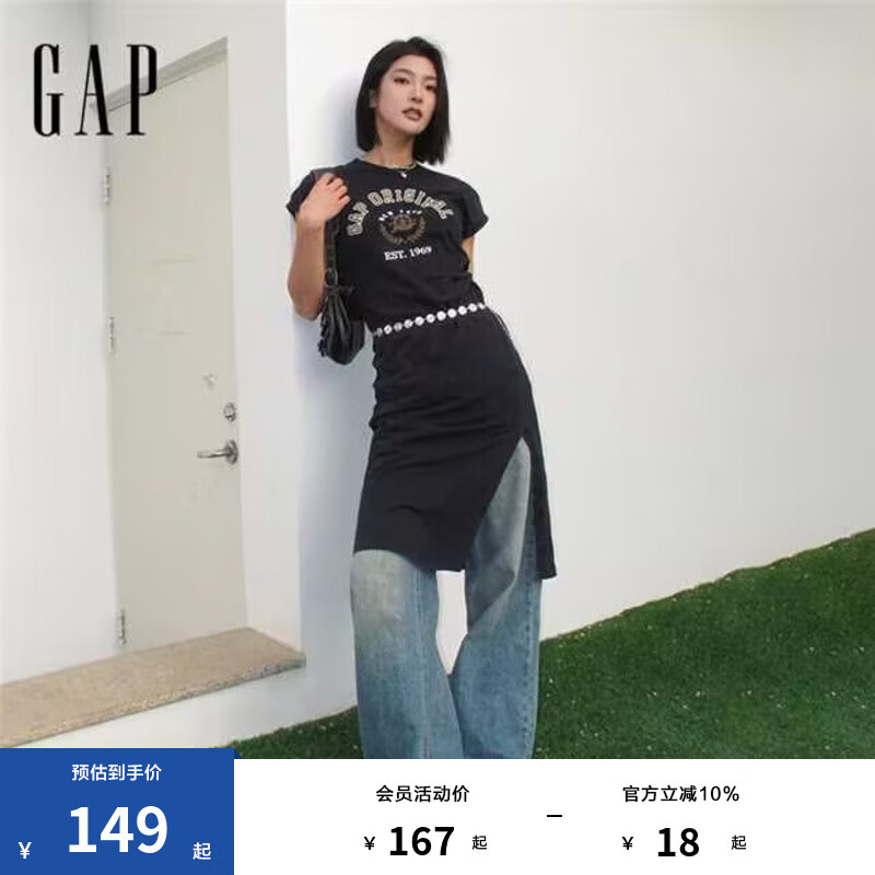 Gap女装2025夏季新款LOGO抽褶收腰纯棉短袖连衣裙运动T恤裙765950 水洗黑 M (165/84A)亚洲尺码