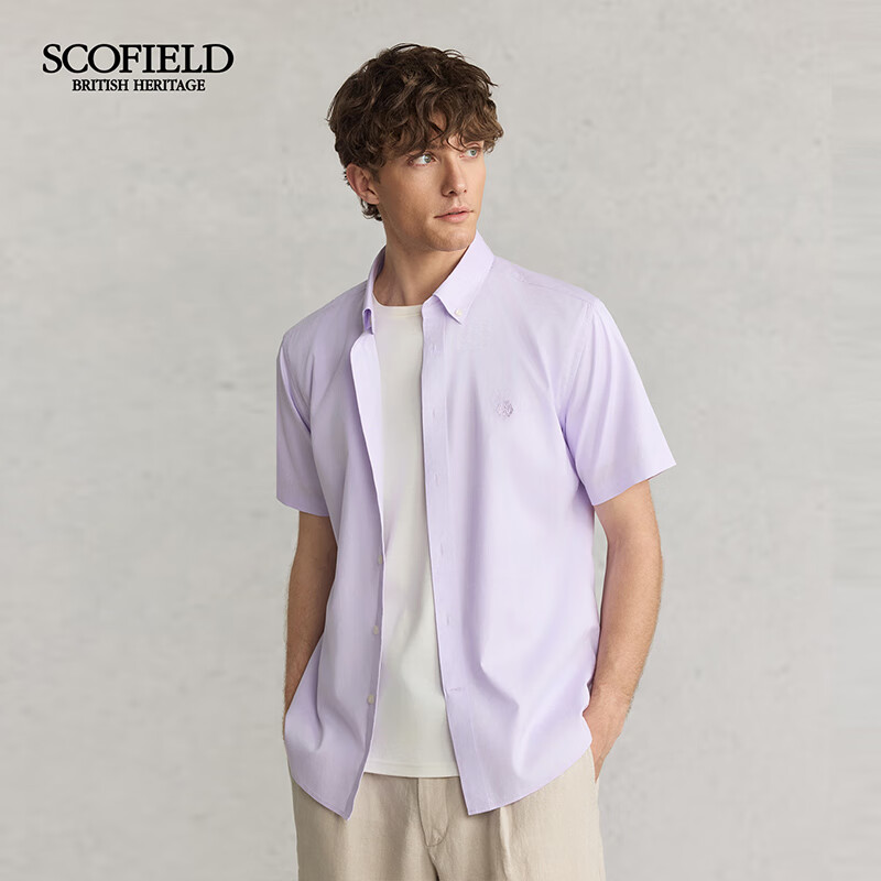 Scofield男士25年夏季新款纯棉商务休闲短袖时尚百搭通勤纯色衬衫 浅紫色 常规 L (175)