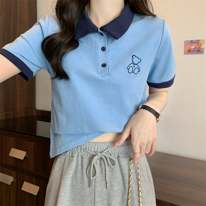皮尔卡丹高端品牌夏天翻领短袖t恤女生有带领子的小熊印花polo领t恤女