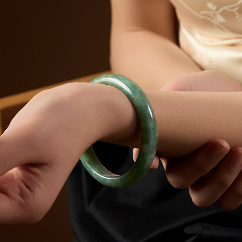 老庙翡翠手镯A货糯种玉手镯女款玉镯子送老婆妈妈节日生日礼物 翡翠油青手镯56圈口